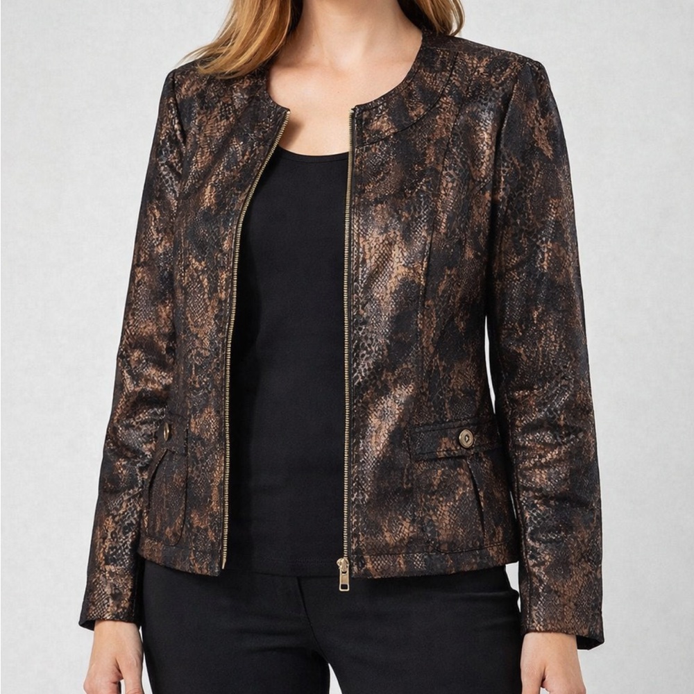 Susan Graver Metallic Snakeskin Print Jacket Blazer Size Large Zip Front Moto